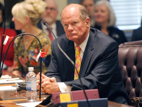 In this May 7, 2013 photo, Sen. David McBride, D-Hawks Nest, listens to debate on Delaware's same-sex marriage bill on the floor of the State Senate in Dover, Del.  Tuesday, Sept. 15, 2020 primary elections feature seven races in which Democratic incumbents face challengers. Among the lawmakers facing intraparty opposition is McBride, who was first elected to the Senate in 1980 after spending two years in the House. He has not had a primary challenger since 1986.(Gary Emeigh/The News Journal via AP)
