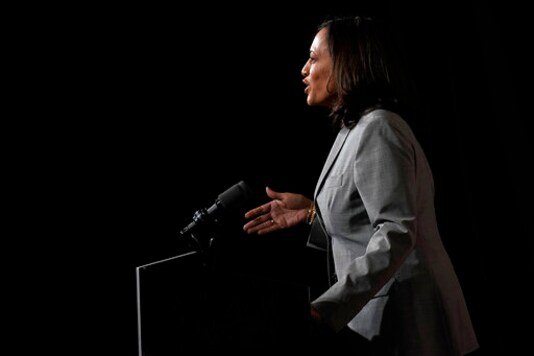 Democratic vice presidential candidate Sen. Kamala Harris, D-Calif., speaks at Shaw University during a campaign visit in Raleigh, N.C., Monday, Sept. 28, 2020. (AP Photo/Gerry Broome)