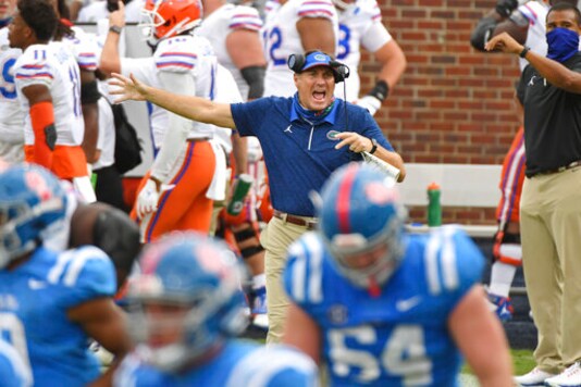 Florida head coach Dan Mullen reacts during the second half of an NCAA college football game against Mississippi in Oxford, Miss., Saturday, Sept. 26, 2020. No. 5 Florida won 51-35. (AP Photo/Thomas Graning) Florida head coach Dan Mullen reacts during the second half of an NCAA college football game against Mississippi in Oxford, Miss., Saturday, Sept. 26, 2020. No. 5 Florida won 51-35. (AP Photo/Thomas Graning)