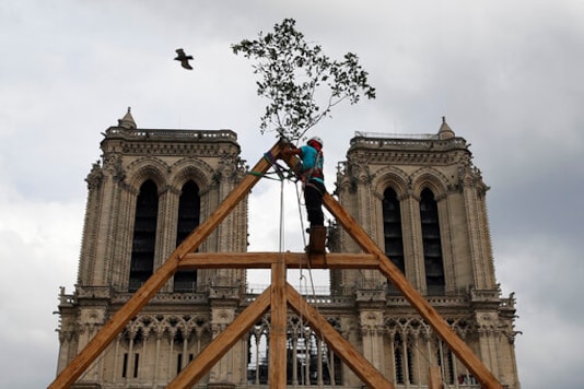 Charles, one of the carpenters puts the traditional final branch decoration during a show on the plaza in front of Notre Dame Cathedral in Paris, France, Saturday, Sept. 19, 2020, the day honoring European heritage, by reproducing for the public a section of the elaborate carpentry used when the edifice was built. The elaborate wooden beams went up in flames in a devastating April fire that also toppled the spire of the cathedral, now being renovated. (AP Photo/Francois Mori)