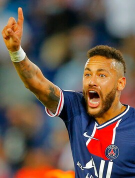 PSG's Neymar reacts during the French League One soccer match between Paris Saint-Germain and Marseille at the Parc des Princes in Paris, France, Sunday, Sept.13, 2020. (AP Photo/Michel Euler)