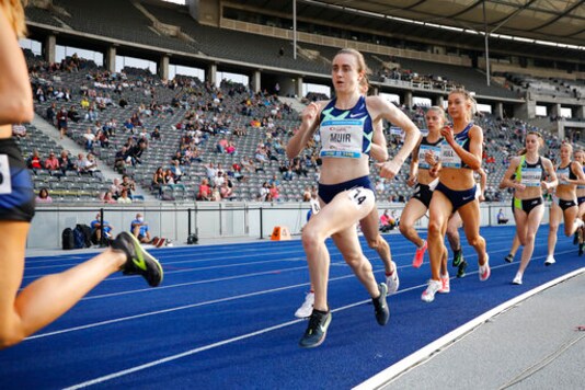Laura Muir of Great Britain competes in the 1500 meters women race at the ISTAF Athletics Meeting in Berlin, Germany, Sunday, Sept. 13, 2020. (AP Photo/Markus Schreiber)