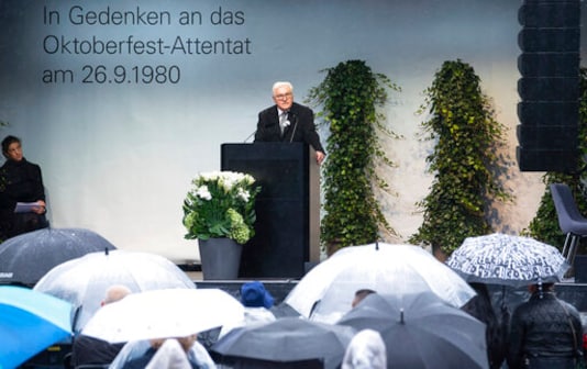 Federal President Frank-Walter Steinmeier speaks at the commemoration of the 40th anniversary of the right-wing terrorist attack on the Oktoberfest at the Theresienwiese in Munich, Germany, Sept. 26, 2020. On the evening of September 26, 1980, a bomb killed twelve visitors to the Oktoberfest and the assassin. More than 200 people were injured. (Sven Hoppe/dpa via AP)