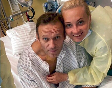 This handout photo published by Russian opposition leader Alexei Navalny on his instagram account, shows himself and his wife Yulia, posing for a photo in a hospital in Berlin, Germany. Russian opposition leader Alexei Navalny has posted the picture Tuesday Sept. 15, 2020, with the caption 