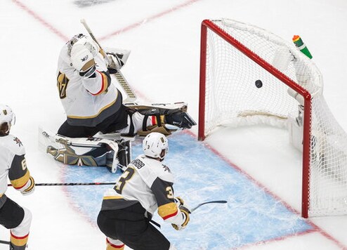 Vegas Golden Knights goalie Robin Lehner (90) gives up a goal to Dallas Stars center Joe Pavelski, not seen, during the second period of Game 4 of the NHL hockey Western Conference final, Saturday, Sept. 12, 2020, in Edmonton, Alberta. (Jason Franson/The Canadian Press via AP)