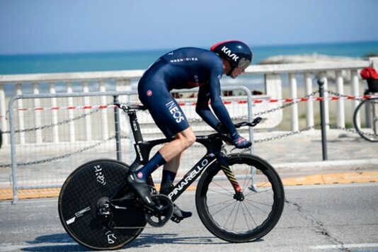 Britain's Chris Froome competes during the last stage of the Tirreno Adriatico cycling race, an individual time trial in San Benedetto del Tronto, Italy, Monday, Sept. 14, 2020. (Marco Alpozzi/LaPresse via AP)