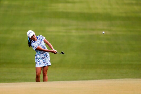 Yui Kawamoto, of Japan, watches her shot on the 11th hole during the second round of the the ANA Inspiration golf tournament at Mission Hills Country Club in Rancho Mirage, Calif., Friday Sept. 11, 2020. (AP Photo/Ringo H.W. Chiu)
