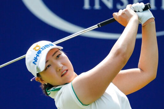 Mirim Lee, of South Korea, watches her tee shot on the 17th hole during the final round of the LPGA's ANA Inspiration golf tournament at Mission Hills Country Club in Rancho Mirage, Calif., Sunday Sept. 13, 2020. (AP Photo/Ringo H.W. Chiu)