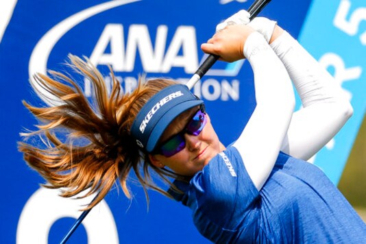 Brooke M. Henderson watches her tee shot on the ninth hole during the final round of the LPGA's ANA Inspiration golf tournament at Mission Hills Country Club in Rancho Mirage, Calif., Sunday, Sept. 13, 2020. (AP Photo/Ringo H.W. Chiu)