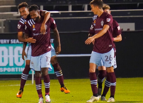 Colorado Rapids forward Jonathan Lewis, left, celebrates scoring a goal with midfielders Kellyn Acosta and Cole Bassett (26) during the second half of an MLS soccer match against the San Jose Earthquakes on Wednesday, Sept. 23, 2020, in Commerce City, Colo. The Rapids won 5-0. (AP Photo/David Zalubowski) Colorado Rapids forward Jonathan Lewis, left, celebrates scoring a goal with midfielders Kellyn Acosta and Cole Bassett (26) during the second half of an MLS soccer match against the San Jose Earthquakes on Wednesday, Sept. 23, 2020, in Commerce City, Colo. The Rapids won 5-0. (AP Photo/David Zalubowski)