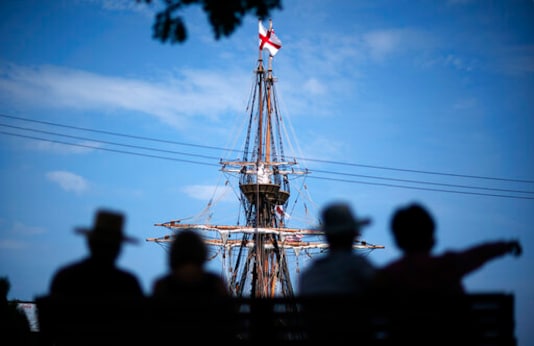 The Mayflower II, a replica of the original Mayflower ship that brought the Pilgrims to America 400 year ago, is docked in Plymouth, Mass., days after returning home following extensive renovations, Wednesday, Aug. 12, 2020. A disease outbreak that wiped out large numbers of the Native inhabitants of what is now New England gave the Pilgrims a beachhead in the The Mayflower II, a replica of the original Mayflower ship that brought the Pilgrims to America 400 year ago, is docked in Plymouth, Mass., days after returning home following extensive renovations, Wednesday, Aug. 12, 2020. A disease outbreak that wiped out large numbers of the Native inhabitants of what is now New England gave the Pilgrims a beachhead in the