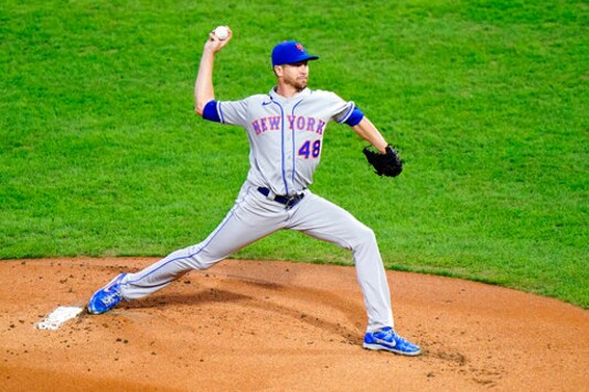 New York Mets' Jacob deGrom pitches during the first inning of a baseball game against the Philadelphia Phillies, Wednesday, Sept. 16, 2020, in Philadelphia. (AP Photo/Matt Slocum)