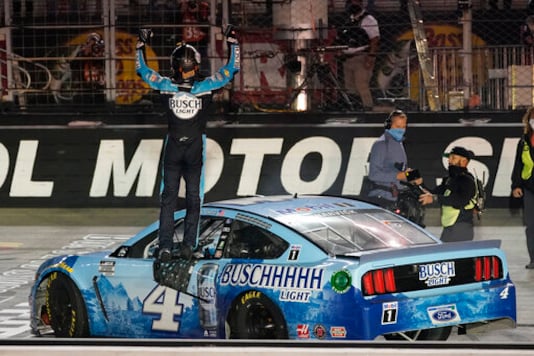 Kevin Harvick celebrates winning the NASCAR Cup Series auto race Saturday, Sept. 19, 2020, in Bristol, Tenn. (AP Photo/Steve Helber) Kevin Harvick celebrates winning the NASCAR Cup Series auto race Saturday, Sept. 19, 2020, in Bristol, Tenn. (AP Photo/Steve Helber)