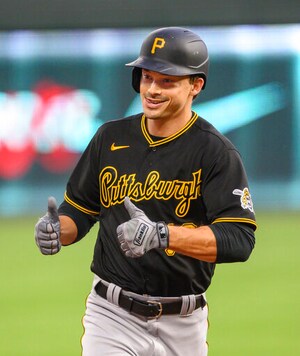 Pittsburgh Pirates' Bryan Reynolds celebrates while running the bases after hitting a home run against the Kansas City Royals during the second inning of a baseball game in Kansas City, Mo., Saturday, Sept. 12, 2020. (AP Photo/Reed Hoffmann)