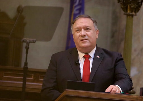 Secretary of State Mike Pompeo delivers remarks during a speaking appearance with state Republican legislators in the Senate chamber of the Wisconsin State Capitol in Madison, Wis. Wednesday, Sept. 23, 2020. (John Hart/Wisconsin State Journal via AP)