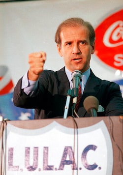 FILE - In this June 25, 1987 file photo U.S. Sen. Joseph Biden, D-Del., a U.S. presidential contender, addresses members of the League of United Latin American Citizens during the second day of the 58th annual LULAC convention in Corpus Christi, Texas. LULAC, the nation's oldest Latino civil rights organization, voted Saturday, Sept. 26, 2020, to postpone its planned national convention in Albuquerque, N.M., in 2021 over uncertainty caused by COVID-19. (AP Photo/Carlos Osorio, File)