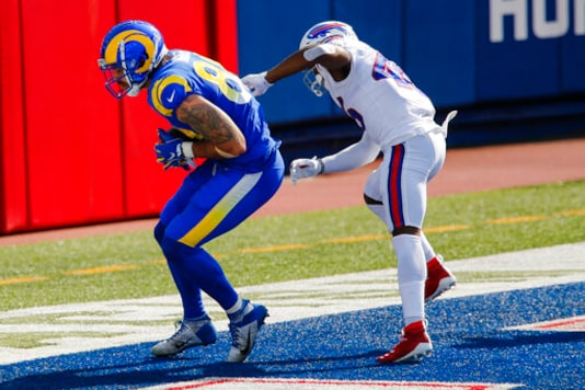 Los Angeles Rams tight end Tyler Higbee, left, catches a pass in front of Buffalo Bills' Jaquan Johnson, right, to score on the point after try during the second half of an NFL football game Sunday, Aug. 26, 2018, in Orchard Park, N.Y. (AP Photo/John Munson) Los Angeles Rams tight end Tyler Higbee, left, catches a pass in front of Buffalo Bills' Jaquan Johnson, right, to score on the point after try during the second half of an NFL football game Sunday, Aug. 26, 2018, in Orchard Park, N.Y. (AP Photo/John Munson)