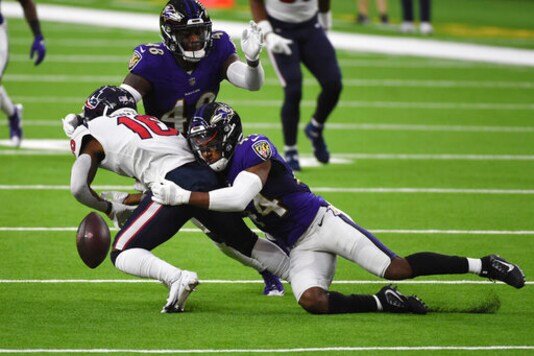Baltimore Ravens cornerback Marlon Humphrey (44) caused Houston Texans wide receiver Keke Coutee (16) to fumble during the first half of an NFL football game Sunday, Sept. 20, 2020, in Houston. Baltimore recovered and scored a touchdown on the play. (AP Photo/Eric Christian Smith) Baltimore Ravens cornerback Marlon Humphrey (44) caused Houston Texans wide receiver Keke Coutee (16) to fumble during the first half of an NFL football game Sunday, Sept. 20, 2020, in Houston. Baltimore recovered and scored a touchdown on the play. (AP Photo/Eric Christian Smith)