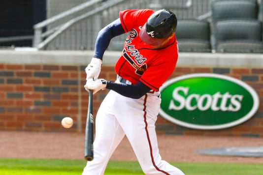 Atlanta Braves first baseman Freddie Freeman connects for a line drive single to center field against the Boston Red Sox during the third inning of a baseball game Sunday, Sept. 27, 2020, in Atlanta. (AP Photo/John Amis) Atlanta Braves first baseman Freddie Freeman connects for a line drive single to center field against the Boston Red Sox during the third inning of a baseball game Sunday, Sept. 27, 2020, in Atlanta. (AP Photo/John Amis)