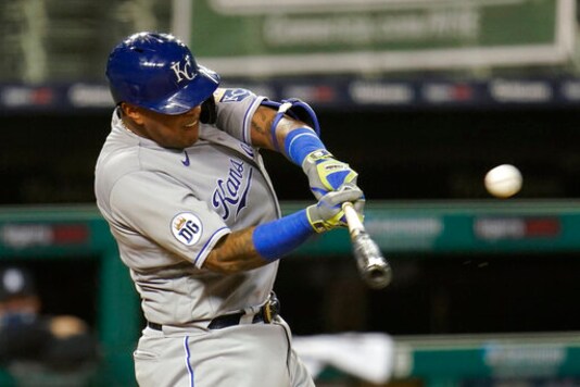 Kansas City Royals' Salvador Perez hits a one-run double in the sixth inning of a baseball game against the Detroit Tigers in Detroit, Wednesday, Sept. 16, 2020. (AP Photo/Paul Sancya)