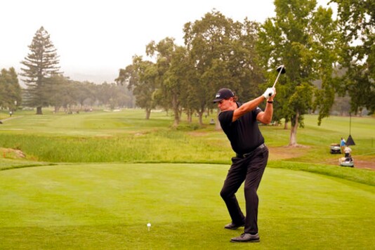 Phil Mickelson hits from the first tee of the Silverado Resort North Course during the first round of the Safeway Open PGA golf tournament Thursday, Sept. 10, 2020, in Napa, Calif. (AP Photo/Eric Risberg)