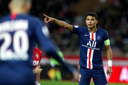 FILE - In this Wednesday, Jan. 15, 2019 file photo, PSG's Thiago Silva points during their French League One soccer match against Monaco at the Louis II stadium in Monaco. Thiago Silvas last competitive game was for Paris Saint-Germain in last months Champions League final that the French club lost 1-0 to Bayern Munich. Contrast that occasion with his likely debut for Chelsea, a low-profile English League Cup match against second-tier Barnsley on Wednesday, Sept. 23, 2020. (AP Photo/Daniel Cole, file)