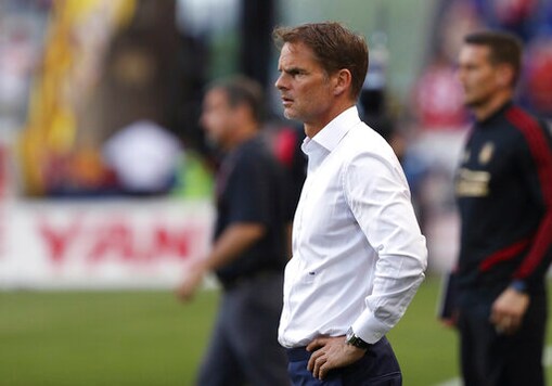 FILE - In this May 19, 2019 file photo, Atlanta United coach Frank de Boer watches his team's MLS soccer match against the New York Red Bulls in Harrison, N.J. Frank de Boer was appointed coach of the Netherlands on Wednesday, Sept. 23, 2020 succeeding Ronald Koeman who quit to join Barcelona. The federation said the 50-year-old De Boer signed a contract through the World Cup in Qatar in 2022.(AP Photo/Steve Luciano, File)