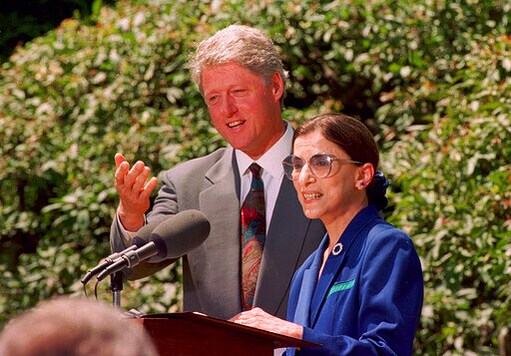 FILE - In this June 14, 1993, file photo, President Bill Clinton poses with his nominee for the Supreme Court Ruth Bader Ginsburg during a news conference in Washington. The Supreme Court says Ginsburg has died of metastatic pancreatic cancer at age 87.  (AP Photo/Doug Mills)