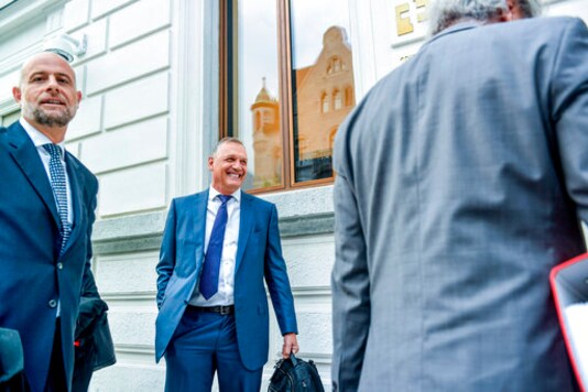 Former Fifa general secretary Jerome Valcke, right, and his lawyer Patrick Hunziker arrive at the Federal Criminal Court in Bellinzona, Switzerland, Monday, September 14, 2020. Valcke is accused of qualified disloyalty and incitement, falsification of documents and passive bribery. The Office of the Attorney General of Switzerland opened the proceedings in March 2017. (Francesa Agosta/Keystone/Ti-Press via AP)