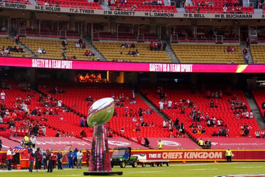 A model of the Super Bowl trophy stands on the field before an NFL football game between the Kansas City Chiefs and the Houston Texans Thursday, Sept. 10, 2020, in Kansas City, Mo. (AP Photo/Jeff Roberson)