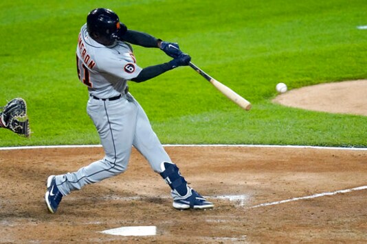Detroit Tigers' Daz Cameron hits a two-run single off Chicago White Sox starting pitcher Lucas Giolito during the sixth inning of a baseball game Friday, Sept. 11, 2020, in Chicago. (AP Photo/Charles Rex Arbogast)