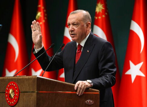 Turkey's President Recep Tayyip Erdogan, talks in a televised address, following a cabinet meeting, in Ankara, Turkey, Monday, Sept. 21, 2020. Erdogan, who has long called for a reform of the United Nations, says the world body has failed in its response to the coronavirus pandemic. Erdogan claimed the UN was late in Turkey's President Recep Tayyip Erdogan, talks in a televised address, following a cabinet meeting, in Ankara, Turkey, Monday, Sept. 21, 2020. Erdogan, who has long called for a reform of the United Nations, says the world body has failed in its response to the coronavirus pandemic. Erdogan claimed the UN was late in