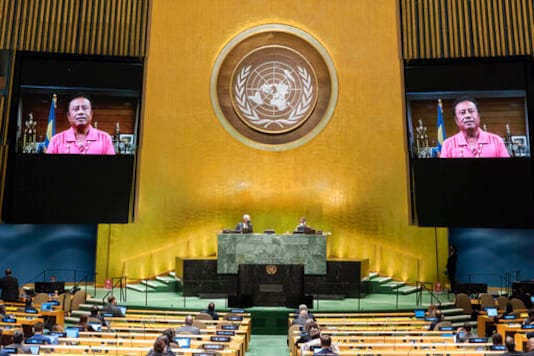 In this photo provided by the United Nations, the pre-recorded message of Tommy Esang Remengesau Jr., President of Palau, is played during the 75th session of the United Nations General Assembly, Wednesday Sept. 23, 2020, at U.N. headquarters, in New York. (Eskinder Debebe/UN Photo via AP)