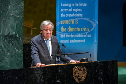 In this photo provided by the United Nations, U.N. Secretary General Antonio Guterres speaks in the General Assembly in observance of the International Day of Peace, celebrating 75 Years of the United Nations, at UN headquarters, Monday, Sept. 21, 2020. (Eskinder Debebe/United Nations via AP)