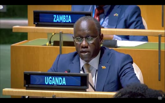 In this UNTV image, Philip Ochen Odida, Deputy Permanent Representative of Uganda to the United Nations, speaks in person during the 75th session of the United Nations General Assembly, Tuesday, Sept. 29, 2020, at UN headquarters in New York. (UNTV via AP)