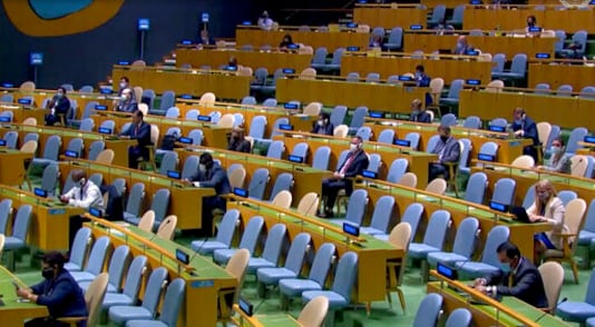 In this image made from UNTV video, delegates attend the 75th session of the United Nations General Assembly, Wednesday, Sept. 23, 2020, at UN headquarters in New York. The U.N.'s first virtual meeting of world leaders started Tuesday with pre-recorded speeches from some of the planet's biggest powers, kept at home by the coronavirus pandemic that will likely be a dominant theme at their video gathering this year. (UNTV via AP)