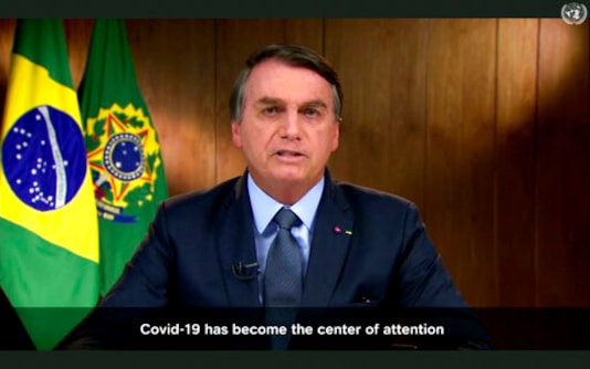 In this image made from UNTV, Brazilian President Jair Bolsonaro speaks in a pre-recorded message which was played during the 75th session of the United Nations General Assembly, Tuesday, Sept. 22, 2020, at U.N. headquarters in New York. The U.N.'s first virtual meeting of world leaders started Tuesday with pre-recorded speeches from some of the planet's biggest powers, kept at home by the coronavirus pandemic that will likely be a dominant theme at their video gathering this year. (UNTV via AP ) In this image made from UNTV, Brazilian President Jair Bolsonaro speaks in a pre-recorded message which was played during the 75th session of the United Nations General Assembly, Tuesday, Sept. 22, 2020, at U.N. headquarters in New York. The U.N.'s first virtual meeting of world leaders started Tuesday with pre-recorded speeches from some of the planet's biggest powers, kept at home by the coronavirus pandemic that will likely be a dominant theme at their video gathering this year. (UNTV via AP )