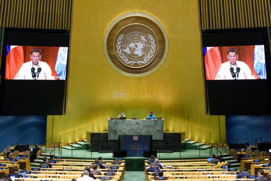 In this photo provided by the United Nations, the President of the Republic of the Philippines, Rodrigo Roa Duterte's pre-recorded message is played during the 75th session of the United Nations General Assembly, Tuesday, Sept. 22, 2020, at U.N. headquarters. The U.N.'s first virtual meeting of world leaders started Tuesday with pre-recorded speeches from some of the planet's biggest powers, kept at home by the coronavirus pandemic that will likely be a dominant theme at their video gathering this year. (Manuel Elias/UN Photo via AP)