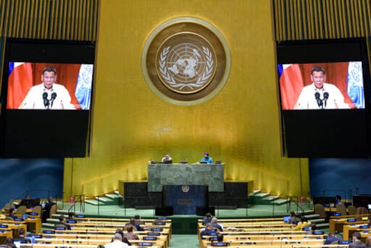 In this photo provided by the United Nations, the President of the Republic of the Philippines, Rodrigo Roa Duterte's pre-recorded message is played during the 75th session of the United Nations General Assembly, Tuesday, Sept. 22, 2020, at U.N. headquarters. The U.N.'s first virtual meeting of world leaders started Tuesday with pre-recorded speeches from some of the planet's biggest powers, kept at home by the coronavirus pandemic that will likely be a dominant theme at their video gathering this year. (Manuel Elias/UN Photo via AP)