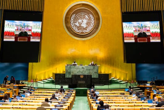 In this photo provided by the United Nations, U Kyaw Tint Swe, Chairman of the Delegation of Myanmar, speaks in a pre-recorded message which was played during the 75th session of the United Nations General Assembly, Tuesday, Sept. 29, 2020, at UN headquarters in New York. (Rick Bajornas/UN Photo via AP)