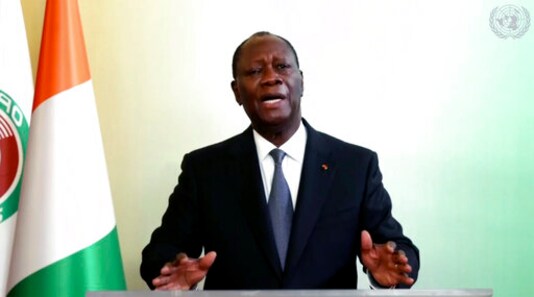 In this image made from UNTV video, Alassane Ouattara, President of Cote d'Ivoire, speaks in a pre-recorded message which was played during the 75th session of the United Nations General Assembly, Thursday Sept. 24, 2020, at UN headquarters, in New York. (UNTV via AP)