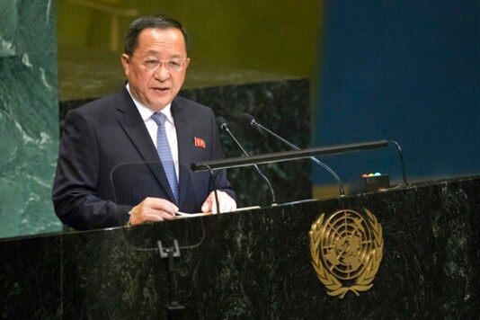 FILE - In this Sept. 29, 2018 file photo, North Korean Foreign Minister Ri Yong Ho addresses the 73rd session of the United Nations General Assembly at U.N. headquarters. The United Nations makes a point of welcoming all nations, regardless of political persuasion. But in many ways, there's a love-hate relationship between the North and the U.N. One important thing the North gets from the U.N. is a direct point of contact with the 192 other member nations, including a host of countries that would be loath to send their diplomats to pay homage in Pyongyang, pre-eminent among them, the United States.  (AP Photo/Mary Altaffer, File)