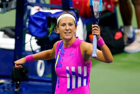 Victoria Azarenka, of Belarus, reacts after defeating Serena Williams, of the United States, during a semifinal match of the US Open tennis championships, Thursday, Sept. 10, 2020, in New York. (AP Photo/Seth Wenig)