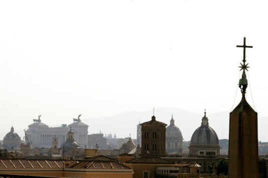 Rome's skyline is seen from the St. Damaso balcony at the Vatican, Wednesday, Sept. 16, 2020. (AP Photo/Gregorio Borgia)