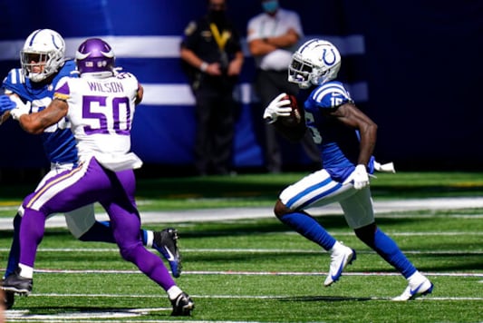 Indianapolis Colts' Parris Campbell (15) runs with the ball during the first half of an NFL football game against the Minnesota Vikings, Sunday, Sept. 20, 2020, in Indianapolis. (AP Photo/AJ Mast) Indianapolis Colts' Parris Campbell (15) runs with the ball during the first half of an NFL football game against the Minnesota Vikings, Sunday, Sept. 20, 2020, in Indianapolis. (AP Photo/AJ Mast)