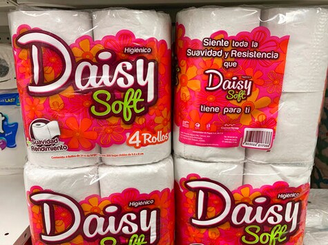 This Sept. 11, 2020, photo, shows Daisy Soft, a Mexican toilet paper brand, on the shelf at a CVS in New York. Demand for toilet paper has been so high during the pandemic that in order to keep their shelves stocked, retailers across the country are buying up foreign toilet paper brands, mostly from Mexico. (AP Photo/Joseph Pisani)