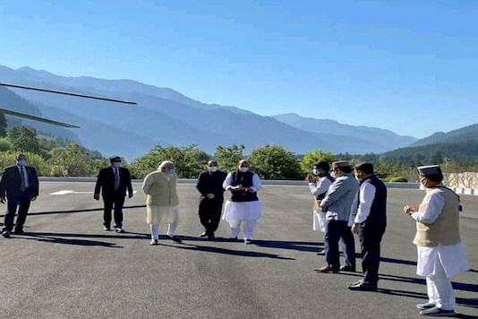 Modi was accompanied by Defence Minister Rajnath Singh and Chief of Defence Staff Gen Bipin Rawat. (Photo: PMO/Twitter)

