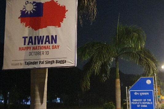 Posters wishing Taiwan its National Day in front of the Chinese embassy in New Delhi.  (Twitter)