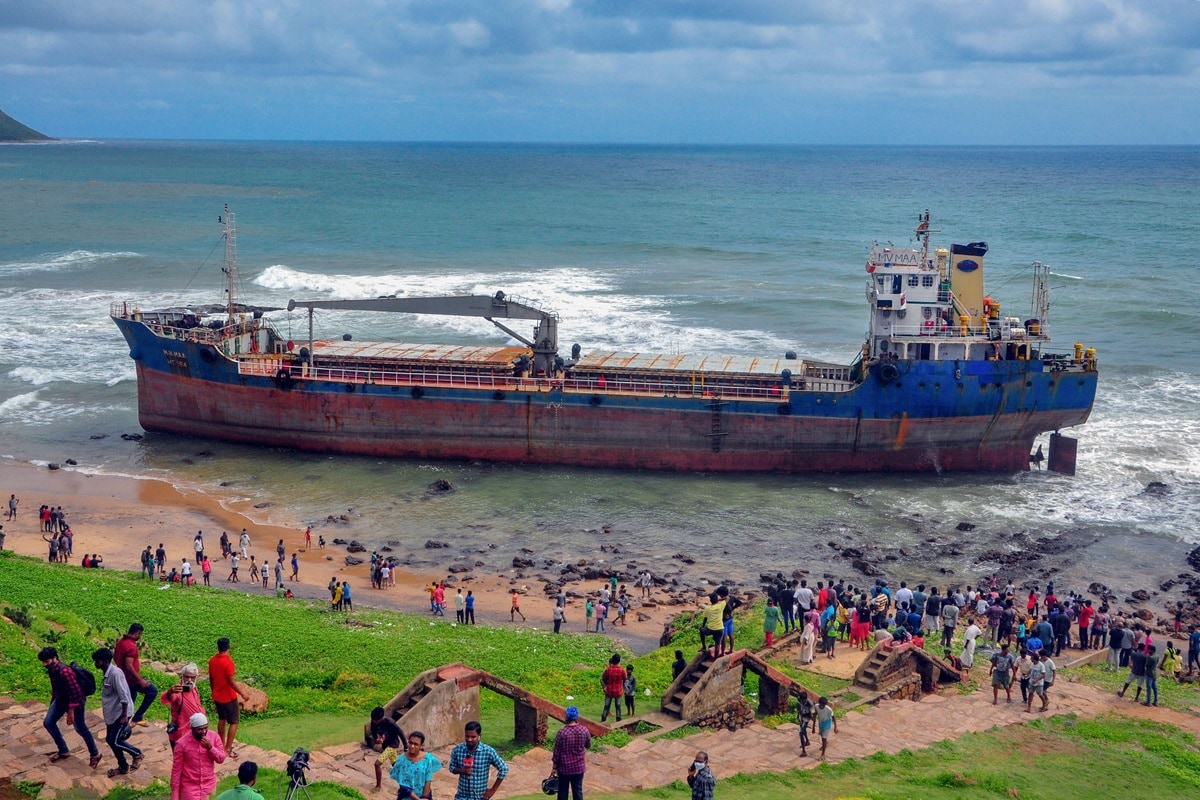 Bangladeshi Cargo Ship Runs Aground on Vizag Beach Amid Heavy Winds