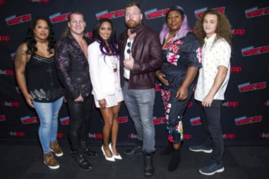AEW's Nyla Rose, from left, Chris Jericho, Brandi Rhodes, Jon Moxley, Awesome Kong and Jungle Boy (Photo Credit: AP) AEW's Nyla Rose, from left, Chris Jericho, Brandi Rhodes, Jon Moxley, Awesome Kong and Jungle Boy (Photo Credit: AP)